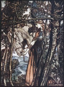 Brünnhilde leads her horse by the bridle (Illustration for The Rhinegold and The Valkyrie) by Arthur Rackham