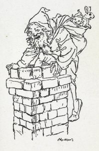 Father Christmas climbing down a chimney with a sack of gifts