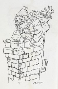 Father Christmas climbing into a chimney with gifts