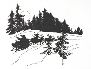 Father Christmas travelling through a snowy wood on his sleigh