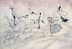 Gerda is terrified by the Snow Queens advance guard, but she said Our Father and is rescued by little bright angels, illustration from The Snow Queen by Hans Christian Andersen