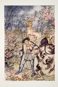 He heard a loud noise, and saw coming towards him a beast, so frightful to look at that he was ready to faint with fear, from The Arthur Rackham Fairy Book