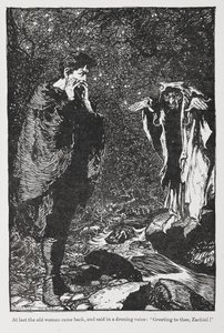 Illustration from Jorinda and Joringel of Zachiel and the Old Woman. by Arthur Rackham