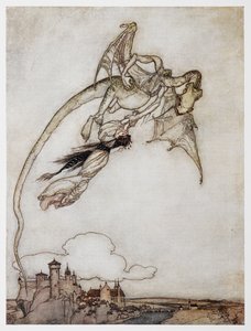 Illustration of a dragon carrying off the princess from The Four Clever Brothers by Arthur Rackham