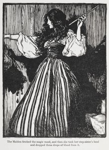 Illustration of a girl in a stripey dress from Sweetheart Roland by Arthur Rackham