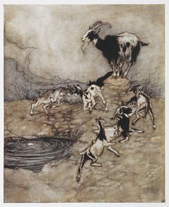 Illustration of a goat and her young kids playing from The Wolf and the Seven Kids