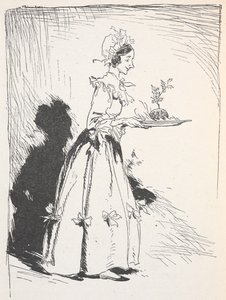 Illustration of a woman carrying a Christmas pudding