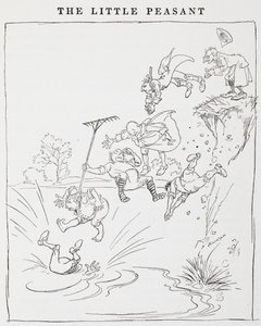 Illustration of men jumping off a cliff into a pond from The Little Peasants by Arthur Rackham