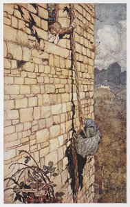 Illustration of the witch climbing up Rapunzel