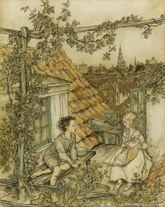 Kay and Gerda in their garden high up on the roof. Illustration for the tale of The Snow Queen