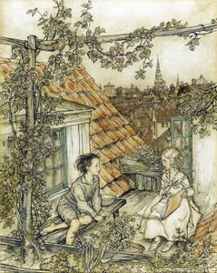 Kay and Gerda in their garden high up on the roof. Illustration for the tale of The Snow Queen