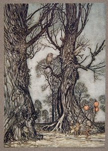 Linkmen running in front carrying winter cherries, from Peter Pan in Kensington Gardens by J.M. Barrie, pub. 1906