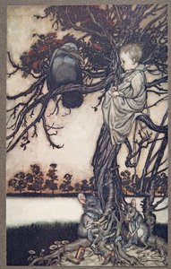 Put His Strange Case Before Old Solomon Caw, from Peter Pan in Kensington Gardens by J. M. Barrie, pub. 1906 by Arthur Rackham