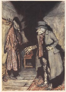 Scrooge in his house at night by Arthur Rackham
