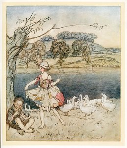 Tattercoats dancing while the goosherd pipes, from English Fairy Tales, pub. 1922 by Arthur Rackham