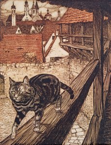 The Cat stole away behind the city walls to the Church by Arthur Rackham