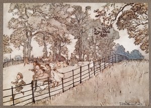 The Hump which is the part of the Broad Walk where all the big races are run, from Peter Pan in Kensington Gardens by J.M. Barrie, pub. 1906 by Arthur Rackham