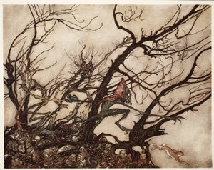 The Indians considered them the abode of spirits, from Rip Van Winkle by Washington Irving by Arthur Rackham