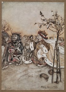 The Queen of Hearts shouting angrily after the game of croquet by Arthur Rackham