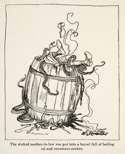 The Wicked Mother-in-Law was Put into a Barrel Full of Boiling Oil and Venomous Snakes, from Little Brother & Little Sister and Other Tales by the Brothers Grimm, pub.1917 by Arthur Rackham