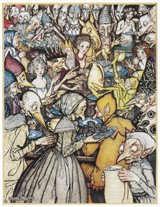 The banquet where the really grand company were assembled. The Elfin king, wearing a golden crown, his daughters, and goblins and trolls gathered together for a meal. Illustration for 
