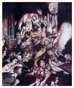 The banqueting hall was in tumult. from The Little Brawl in Irish Fairy Tales by Arthur Rackham