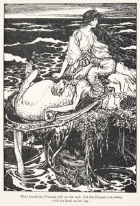 The found the Princess still on the rock, but the Dragon was asleep with his head on her lap