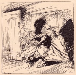 The Old Woman Seized Her by the Gown and Tried to Hold Her Fast (Illustration by Arthur Rackham from Grimm