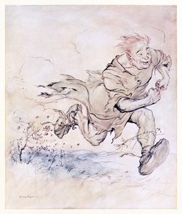 The thumping of his big boots grew as continuous as the pattering of hailstones on a roof, and the wind of his passage blew trees down. from The Carl of the Drab Coat in Irish Fairy Tales by Arthur Rackham