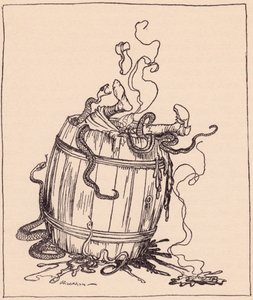 The wicked mother-in-law was put into a barrel full of boiling oil and venomous snakes (Illustration by Arthur Rackham from Grimm