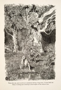 There she sat, and would have remained sitting a long time, if there had not been a rustling and cracking in the boughs of the nearest tree, from Little Brother & Little Sister and Other Tales by the Brothers Grimm by Arthur Rackham