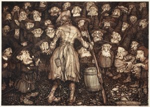 They stared at him with such fixed, statue-like gaze, that his heart turned within him and his knees smote together., from Rip Van Winkle by Washington Irving, pub. 1910