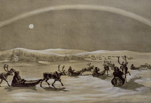 A Singular Appearance of the Northern Lights above a Laplanders Herd of Reindeer Crossing the Jerdis Javri, from Winter Sketches in Lapland, engraved by James Duffield Harding by Arthur de Capell Brooke