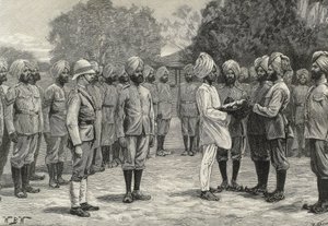 England (19th century). Colonization. India. The new regiments of Burmah. Taking oath to new recruits (engraving)