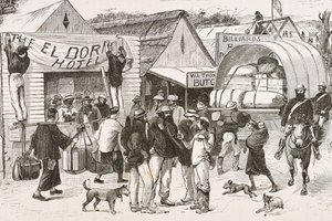 England (19th century). Colonization (1880). The life of the gold diggers in Australia. English colony of Botany Bay (founded in 1788) and initially populated mostly by criminals turned prospectors and traders (engraving) by Artist Unknown