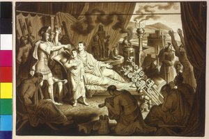 The dying Emperor Marcus Aurelius advises Pertinax and his son Commodus by Artist Unknown