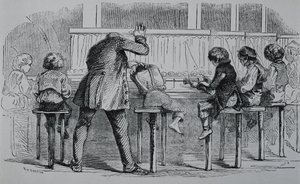 Industrial Revolution: Children using machines in a textile factory (engraving)