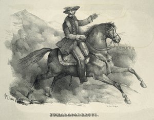 Tomas Zumalacarregui (1788-1835). Carlist general. Spain. First Carlist War. Zumalacarregui riding a horse (engraving) by Artist Unknown