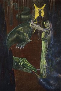 Jason watching Medea put the dragon guarding the golden fleece to sleep