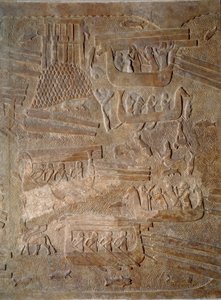Art Mesopotamia (Assyria): courtyard of the palace of the king of Assyria Sargon II (721 - 705 BC) transport of cedar wood from Lebanon by Assyrian