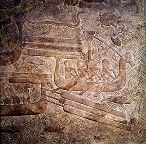 Naval expedition: transport of wood from Lebanon along the Phenician coast. A representation of a Phenician vessel with a single row of rowers. Bas-relief of Khorsabad, 8th century BC. Neo-Assyrian period, Mesopotamia. Louvre Museum by Assyrian