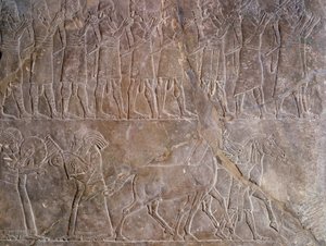 Oriental Antiquities: Detail of a Bas-Relief in Limestone: The Musicians of the Armour of Ashurbanipal, King of Assyria. 640 BC. From Nineveh. Paris, Louvre Museum