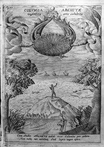 Archytas of Taranto (435-347 BC) flies a wooden dove. Engraving from 