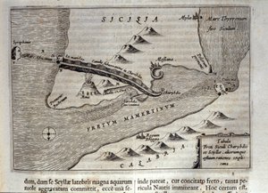 Cartographic representation of Charybdis and Scylla in the Strait of Messina, Sicily. Engraving from 