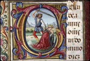 Missal of Thomas James: Detail of an Initial G: The Martyrdom of Saint Thomas Becket