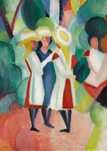 Three girls in yellow straw hats by August Macke
