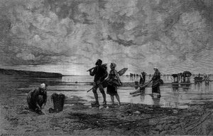 Great tide in the Channel: fishermen of shells on a beach - Engraving after the painting by Hagborg Auguste Wilhem Nikolaus