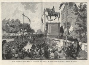 Paris - Speech by Mr. Darlot during the inauguration on 15 July 1888 at the Hotel de Ville de Paris of the statue of Etienne Marcel (drawing by Gerardin in The Illustrous World) by Auguste (after) Gerardin