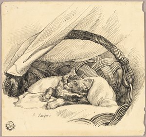 Cat Asleep in Basket by Auguste Andre Lancon