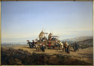 Travellers use a chariot with sails and shoot by men by Auguste Borget